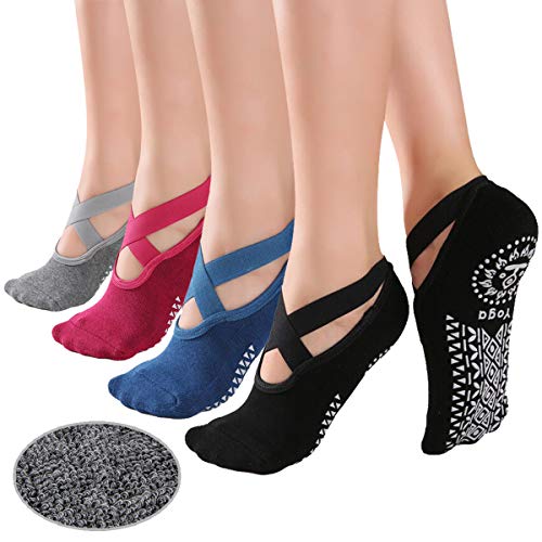 KaiYunSheng elásticos Calcetines de Yoga Antideslizantes para Mujer, Antideslizantes, para Pilates, para Mujer, Calcetines de Ballet, con empuñaduras, 4 Pares