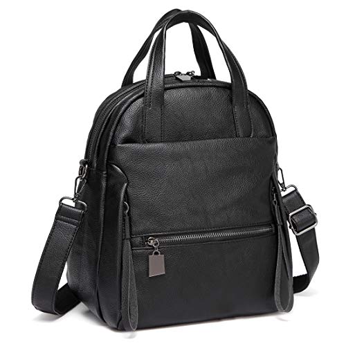 Kasgo Bolso Mochila Mujer, Impermeable Bolsos Mochila Tipo Casual Bolsa de Mano Cuero de PU Viager Escolar Multifuncional con Correas Desmontables Ajustables Negro