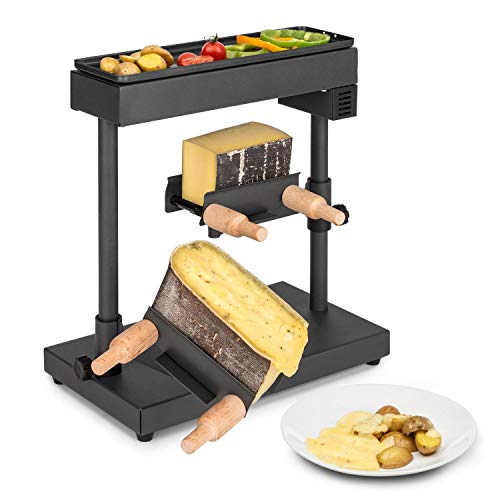 Klarstein Appenzell XL - Raclette con plancha, 600 W, termostato, resistencia de acero inoxidable, parrila en la parte superior, portaquesos con altura regulable, giratorios e inclinables, negro