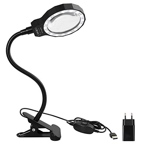 Lámpara de Aumento 5X, ESYNiC Lupa LED con Fuente de Alimentación 2 en 1 Lámpara de Escritorio con 2 Ajustes de Brillo Lupa de Clip de 360 ° Plegable con Luz Ajustable USB para Leer Coser Soldar