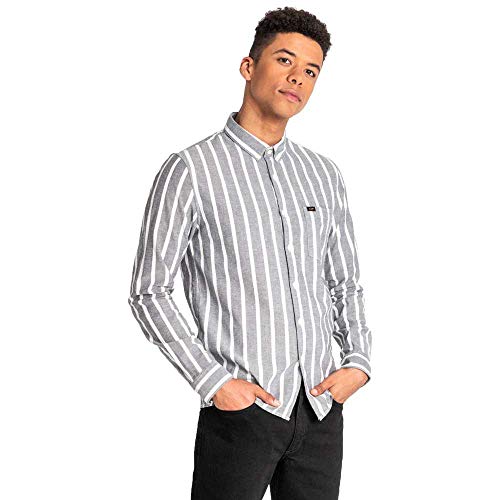 Lee Slim Button Down Camisa, Gris/Blanco (Black), Large para Hombre