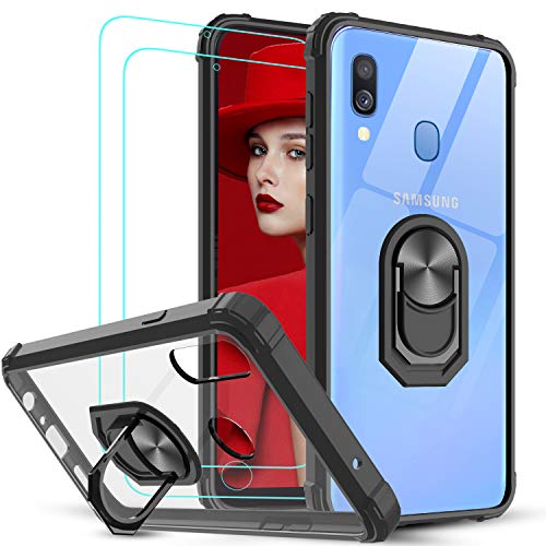 LeYi Funda Samsung Galaxy A40 con [2-Unidades] Cristal Vidrio Templado,Transparente Carcasa con 360 Grados iman Soporte Silicona Bumper Antigolpes Armor Case para Movil A40,Clear Negro