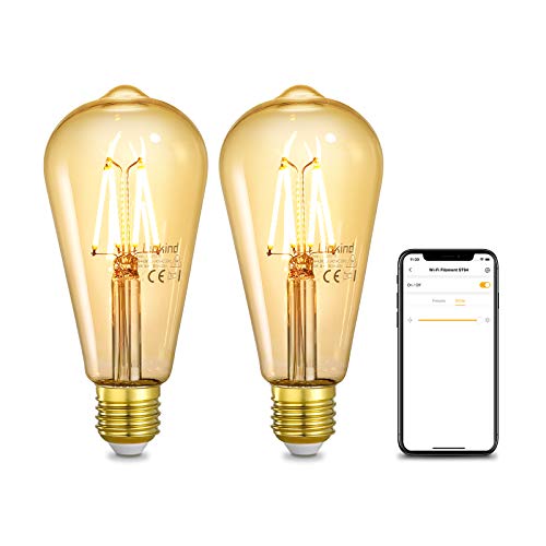 Linkind WiFi Smart LED bombilla de filamento vintage regulable ST64, 4.5W E27 350lm, 2200K blanco suave, no requiere concentrador, compatible con Alexa, Google Home, paquete de 2