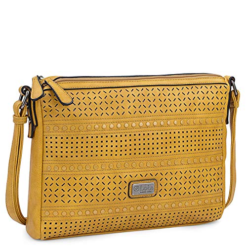 Lois - Bolso Bandolera Mujer Piel sintética troquelada Estilo Casual Ideal para Uso Diario Doble Cremallera múltiples Compartimentos 306749, Color Mostaza