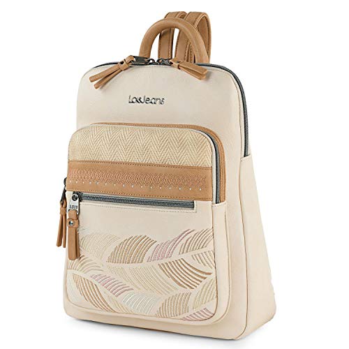 Lois - Mochila Bolso Pequeña de Mujer de Cuero Ecológico Estilo Casual, el Interior Forrado de Tela Nylon, Doble Compartimento Frontal y Bolsillo Trasero con Cremallera 310723, Color Beige