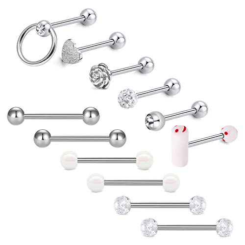 Mayhoop 12 Piezas 14G Piercing Lengua Acero Quirúrgico Plata Barra de Lengua Bolas Mujer Hombre Joyería para Cuerpo 16mm