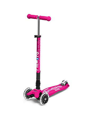 Micro® Maxi Deluxe Plegable LED, Patinete 3 Ruedas, 5-12 Años, Peso 2,5kg, Carga Máx 70Kg, Altura 67-91 cm, Plataforma Antideslizante Polipropileno (Flexible, Alta Resistencia) (Rosa)