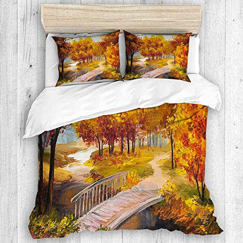 Minalo Bedding Juego de Funda de Edredón,Hojas de Bosque otoñal en el Parque Pequeño río Imagen de Puente rústico de Madera,Microfibra SIN Relleno,(Cama 240x260 + Almohada)