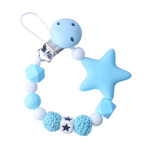 MJL Chupetero Cadena Bebé Sujeta Chupetero Cadena Silicona con Clip de Metal con Color Cuentas Silicona Estrella Clip Cadenas para Chupetes para Niños y Niñas Azul