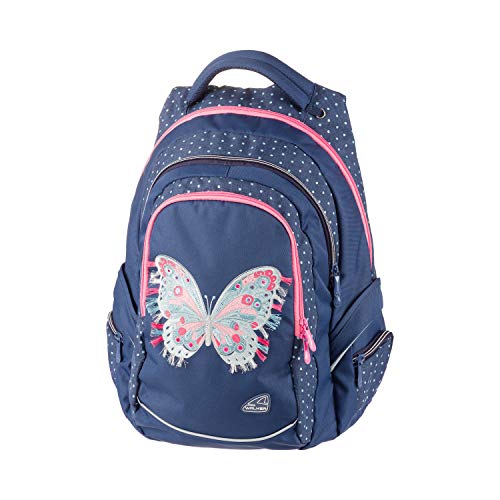 Mochila Fame Magic Butterfly Dark Blue con 3 Compartimentos, Bolsillos Laterales, Acolchado Transpirable, Correa Ajustable para la Cadera, Hombro y Pecho, Aprox. 32 x 44 x 24 cm, 32 litros