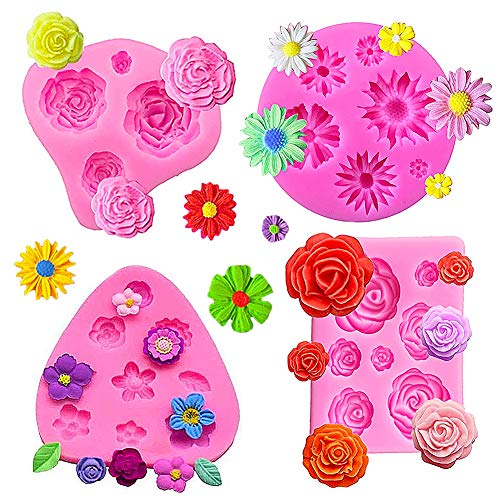 Moldes de Fondant de Pastel de Flores, FANDE Molde de Flores Rosas, 3d Molde de Silicona Flores de Rosa en Forma de Molde de Silicona Moldes, 4 Piezas