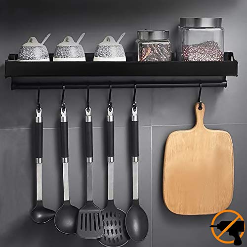 MOOING Estante de Cocina con 6 Ganchos, Organizadores para Utensilios de Cocina, Organizador para Especias, Aluminio, Acabado Mate,Negro, para baño de Cocina, etc.