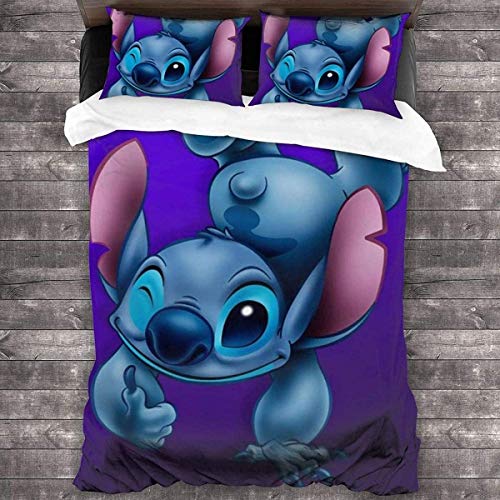 NBAOBAO Lilo & Stitch Juego de ropa de cama de fácil cuidado, impresión 3D, funda nórdica de animación, suave y cálida, juego de 3 piezas (Stitch-3,200 x 200 cm + 50 x 75 cm x 2)