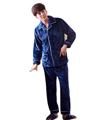 NBVCX Home Life Pijamas para Hombres Solapa Color sólido Moda Muebles para el hogar Cálido Polar de Coral en Invierno Conjunto de Pijama de Dos Piezas (Color: Azul Talla: M)