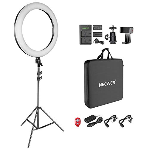 Neewer Kit Luz Anillo LED 48cm para Maquillaje Video Temperatura de Color Ajustable con Batería Alimentación DC Batería Cargador USB Adaptador AC Abrazadera Soporte Incluido