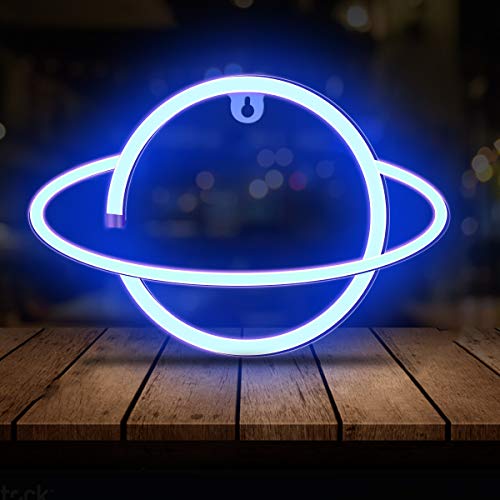 Neon Light LED Planet Neon Signs, Planet Shaped Neon Sign Wall Decor USB/Battery Night Light for Bedroom Wedding Party Bar Pub Hotel Beach Kids Girls Room Wall Decor Accessory (Blue)