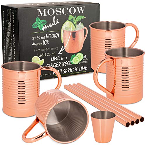 ONVAYA® Taza de Moscow Mule | Set de regalo con 4 tazas, medida de barra y paja | Copas de cobre para cócteles | 4 tazas de cobre con una capacidad de 380ml | Juego completo | Gin Mule (Lata Design)