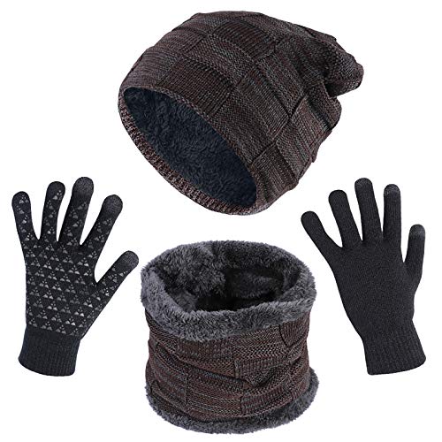 Opret Gorro Bufanda Guantes Set de Invierno para Hombre y Mujer, Unisex Gorras de Punto y Bufanda con Felpa y Guantes Tactiles (Marrón)