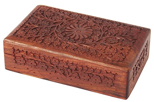 Organizador de la caja de almacenamiento del recuerdo de la joyería de madera decorativa de WhopperIndia con la mano intrincadamente tallada diseño floral y el interior del terciopelo