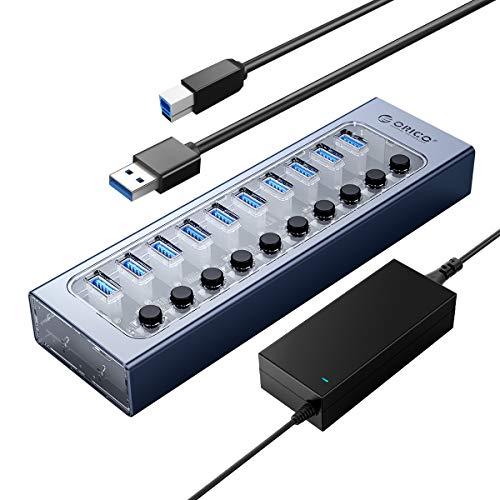 ORICO Powered USB Hub Aluminio+PC 10 Puertos 48W USB 3.0 Data Hub con Carga BC1.2, Interruptor Individual de Encendido/Apagado y Fuente de alimentación de 12V/4A para PC, iMac, Unidad Flash