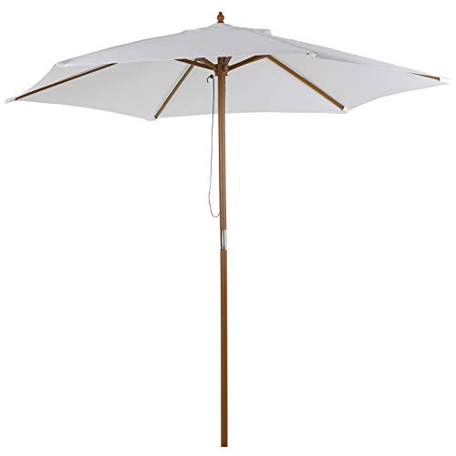 Outsunny Sombrilla Parasol de Madera Ø250x230cm para Exterior Jardín Terraza Patio Cafetería con 6 Varillas Sistema de Cuerda con Fijación Desmontable Portátil Fácil de Guardar y Transportar Marfil