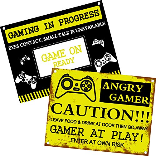 Outus 2 Piezas Señal de Caution Angry Gamer Letrero Vintage Metal Gaming Accesorios Divertidos de Juegos Colgantes para Puerta Pared Fanático de Juego