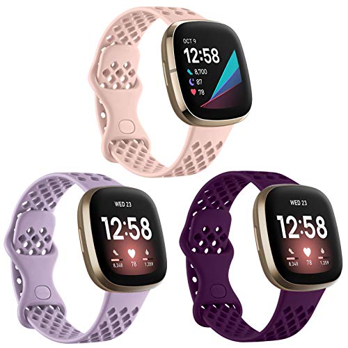 Ouwegaga Correa Compatible con Fitbit Versa 3 Correa/Fitbit Sense Correa, Correa Deportiva de Silicona Pulsera de Repuesto Compatible con Fitbit Versa 3/Sense, Pequeño Rosa/Lavanda/Ciruela