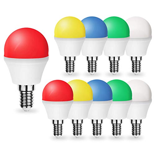 Pack de 10 bombillas de colores LED, 1 W, E14, G45, colores mixtos, rojo, verde, amarillo, azul, blanco cálido, adecuado para decoración del hogar, escenario, fiesta y decoración navideña