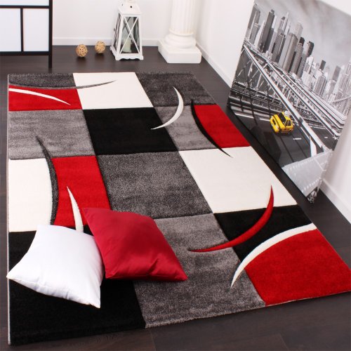Paco Home Alfombra De Diseño Perfilado - A Cuadros En Rojo Negro, tamaño:300x400 cm