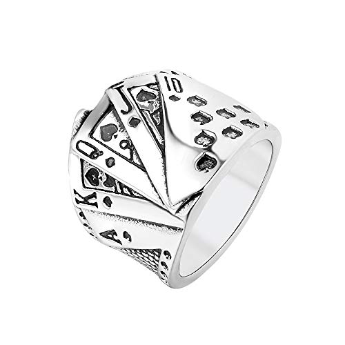 PAMTIER Hip Hop Cartas de Poker Motorista Anillo para Hombre Acero Inoxidable Plateado Talla 19