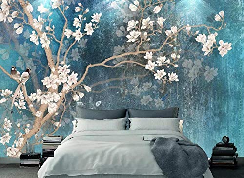 Papel Pintado 3D Fotomurales Pintura Elegante Azul Magnolia Pintada A Mano Salón Dormitorio Despacho Pasillo Decoración Murales De Paredes Moderna-430cmX300cm