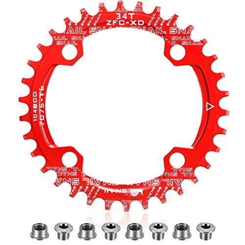 Plato 104 BCD 32T 34T 36T 38T Anillo de Cadena Simple Ancho Estrecho con 4 Piezas de Tornillos de Piñón para Bicicletas de Carretera, Bicicletas de Montaña, Bicicleta BMX MTB (Rojo, 32T)