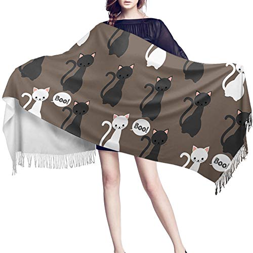 Poncho Mujer Inviernobufanda De Cachemir para Mujer, Chales Finos De Gato Blanco Y Negro para Halloween, Chales Largos Y Chales para Mujer, Bufandas para La Cabeza Hijab-Los 70X200Cm