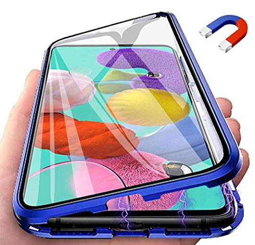 Ptny Funda para Samsung Galaxy A71 4G Adsorcion Magnetica Carcasa 360 Grados Protección Estuche, Doble Untre Delgada Háptico Vidrio Templado + Metal Bumper con Adsorción Magnética Carcasa, Azul