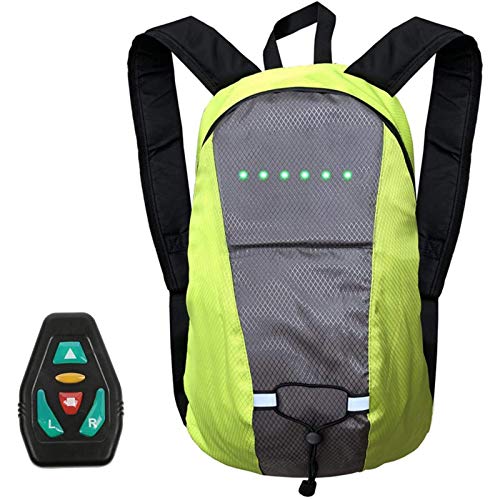 QOUP Mochila de Advertencia con iluminación LED Bicicleta para Montar al Aire Libre Senderismo Mochila 4 señales LED 15L de Capacidad Carga USB, con Control Remoto inalámbrico,Verde