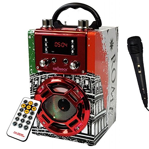 Radio Altavoz Roma portatil Karaoke. Altavoces con Radio FM microfono USB MP3. Altavoz Rome con Bluetooth conexión al móvil. Batería de Litio Recargable. Incluye Mando a Distancia y micrófono.