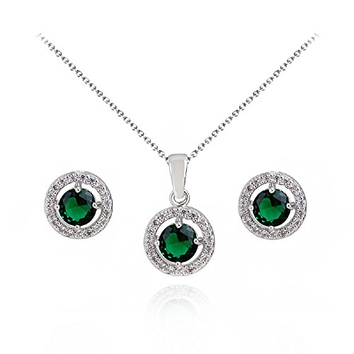 Redondo Esmeralda simulada verde Cristales austríacos de Zirconia Juego de joyas Collar con colgante 45 cm Pendientes 18k Chapado en oro blanco