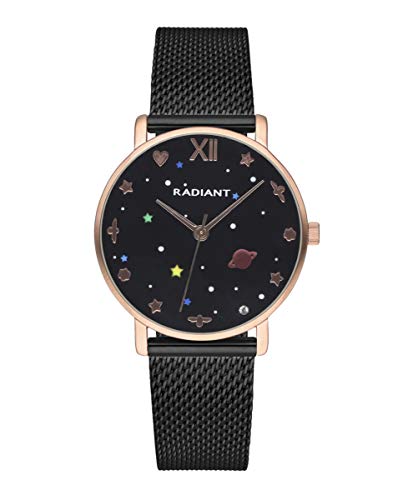 Reloj analógico para Mujer de Radiant. Colección Milky Way. Reloj Bicolor Negro y Oro Rosa con Malla milanesa y Esfera Negra con Detalles en Colores. 3ATM. 36mm. Referencia RA545204.