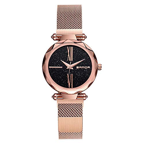 Reloj de oro rosa para mujer, relojes de cuarzo con correa de malla de acero inoxidable, reloj de pulsera de cielo estrellado impermeable lujo a la moda, reloj pulsera exquisito con esfera redonda