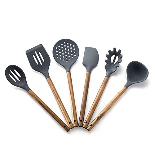 resistentes al calor Utensilios Cocina de Silicona-Utensilios de cocina de silicona esenciales para cocinar - Mango de madera sóli- Fácil de limpiar - Olla antiadherente - 6 juegos