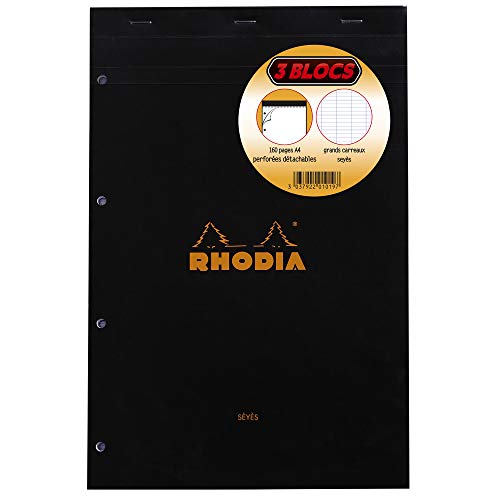 Rhodia 201019C - Lote de 3 bloques grapados con cabeza de 80 hojas extraíbles y perforadas, 4 agujeros, 21 x 31,8 cm, 80 g, cuadrados grandes, cubiertas surtidas, color negro y naranja