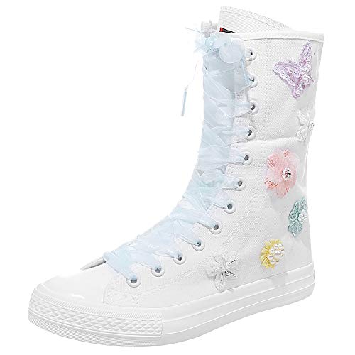 rismart Mujer Botas Lona Media Pierna Animadora Cordones High Top Sneakers Zapatos de Deporte(Blanco(múltiple),35 EU)