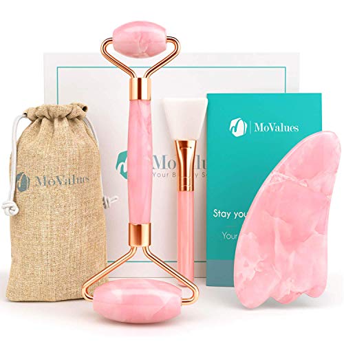 Rodillo de Jade, Gua Sha y Pincel - Set de Masaje Facial en Piedra de Cuarzo Rosa 100% Natural - Masajeador Anti Arrugas, Reducción de Ojeras, Desinflama - Herramientas de Belleza para el Rostro