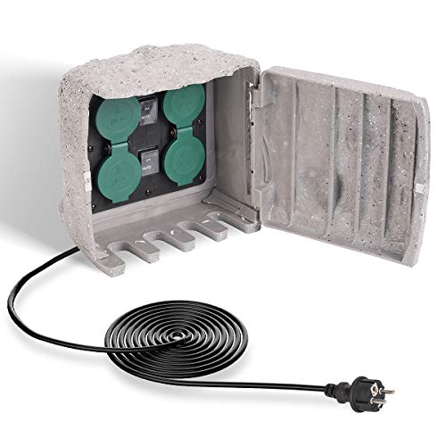 SALCAR Toma de Corriente para jardín a Prueba de Agua con 4 Tomas CA, Cable de Extensión de 3M con Sensor Crepuscular Tomas para Exteriores, 3680W 16A Tomas de Corriente Externa, Gris