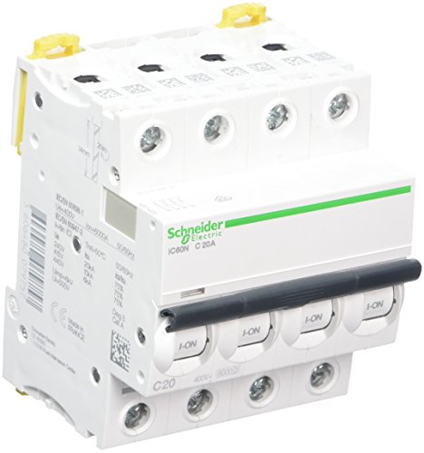 Schneider Electric A9F74420 IC60N Disyuntor, Acti9, Curvatura C, 4P, 85 mm Altura x 72 mm Anchura x 78.5 mm Profundidad, 20 A Corriente, 50/60 Hz, Blanco