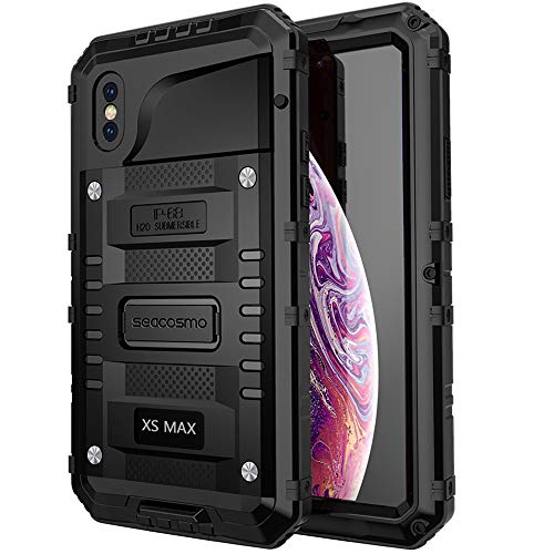 seacosmo Impermeable Funda para iPhone XS MAX, Antichoque [Rugged Armour] Anti-rasguño Cover con Protector de Pantalla Carcasa Protectora del Cuerpo Completo Metal Heavy Duty Bumper Case, Negro