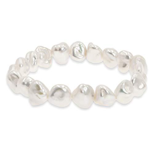 Secret & You Pulsera de Mujer de Perlas Cultivadas de Agua Dulce Blancas Barrocas Keshi de 10-12 mm 22 Perlas en Total - Pulsera elástica de 18 cm.