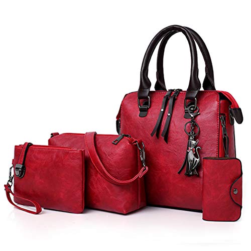 Segater® Bolso de mano de mujer + bolso de hombro + cartera + cartera + monedero + monedero + cartera para tarjetas de piel sintética para mujer, 4 unidades, rojo (Rojo) - SGBW060EU