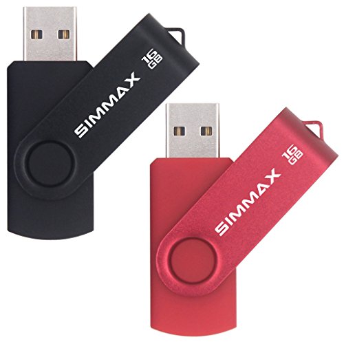 SIMMAX Memorias USB 2 Piezas 16GB USB 2.0 Stick Giratoria Flash Drive Pendrives Almacenamiento Datos (16GB Negro Rojo)