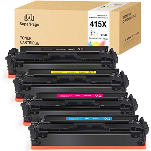 [Sin Chip] 4 Superpage reemplazo para HP 415X W2030X W2031X W2032X W2033X 415A Cartuchos de tóner para HP Color Laserjet Pro M454dn M454dw MFP M479dw M479fdn M479fdw,Negro Cian Magenta Amarillo